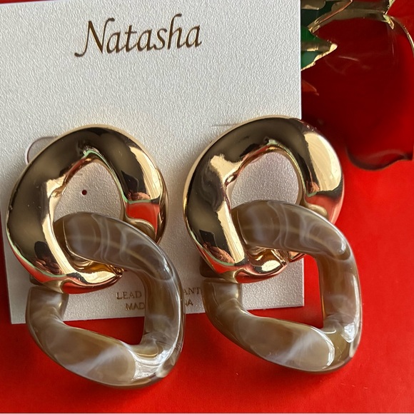 Natasha Couture Gold and Tan Statement Earrings - Picture 3 of 6